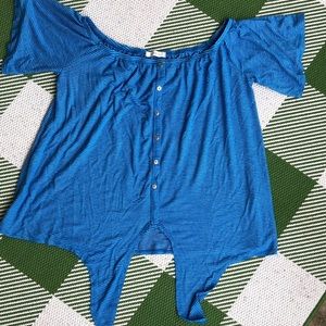 Jersey knit faux button down front tie shirt